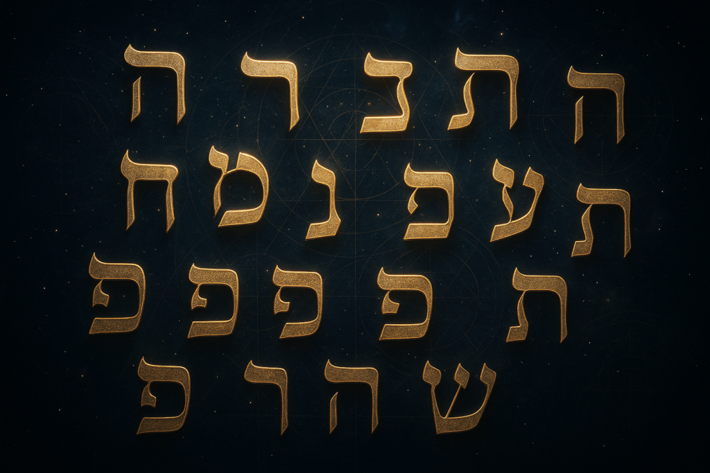 גימטריה — אותיות עבריות זהובות על רקע קוסמי כהה
